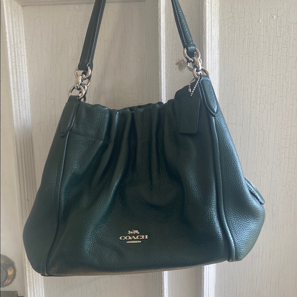 Coach Green Leather Shoulder Bag with Silver Hardware